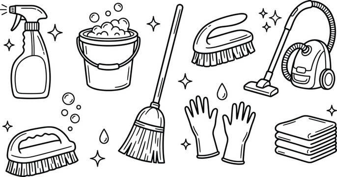 Cleaning service and housework line icons set with spray bottle bucket broom brush vacuum cleaner gloves and towels