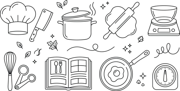 Cooking and culinary kitchen utensils line icons set with chef hat pot rolling pin recipe book frying pan