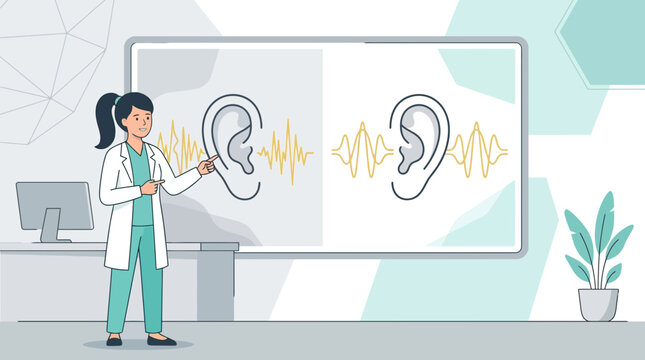 Audiologist explaining hearing loss and sound waves on whiteboard