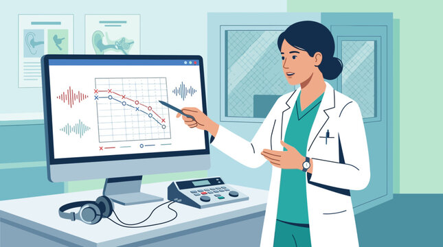 Audiologist Explains Hearing Test Results on Computer Screen in Clinic