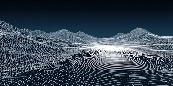 Abstract wireframe landscape with mountains and concentric circles against a dark background