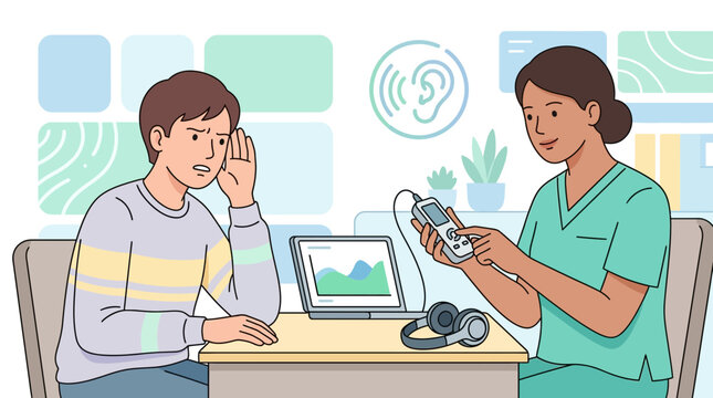 Audiologist performing hearing test on concerned young man
