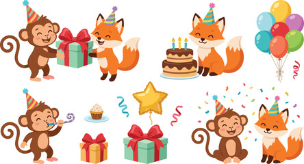Naklejka premium Cute Cartoon Monkey and Fox Birthday Party Vector Character Set with Cake Balloons Gift Boxes Confetti and Festive Accessories