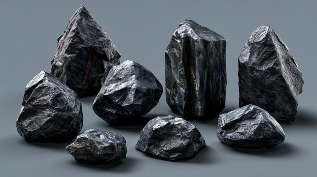 Dark Mineral Rocks and Coal Fragments on Gray Backdrop.