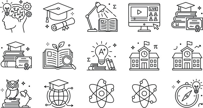Education school science online learning vector line art icon bundle with graduation cap book owl and atom outlines