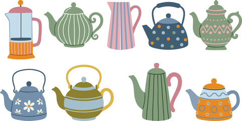 Cute ceramic teapots and vintage kettles vector set with hand drawn colorful kitchen elements in cozy scandinavian hygge style isolated on white background © Creative Studio 
