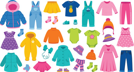 Cute colorful kids fashion and baby clothes collection set with jackets dresses overalls shirts pants shoes and winter accessories isolated on white background vector © Creative Studio 