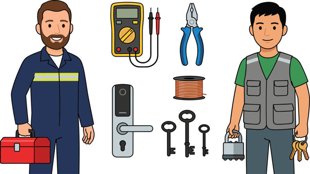 Professional Electrician and Locksmith Technician Character Vector Set Featuring Multimeter, Pliers, Wire Spool, Door Lock, Toolbox, Padlock, and Key Icons