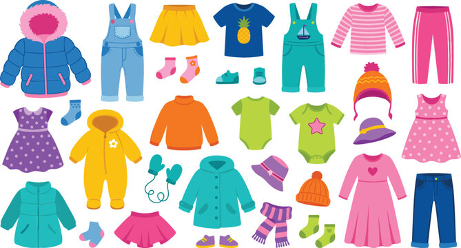 Cute colorful kids fashion and baby clothes collection set with jackets dresses overalls shirts pants shoes and winter accessories isolated on white background vector