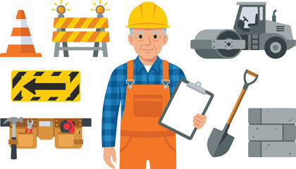 Fototapeta premium Construction Worker Character Vector Set with Road Roller, Hard Hat, Tool Belt, Shovel, Traffic Cone, Barrier, and Clipboard Icons for Industry Graphic Designs