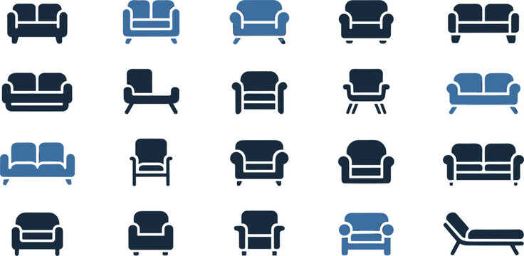 Living room sofa and armchair glyph icon collection featuring flat blue vector silhouettes of modern couches loungers and comfortable home seating shapes