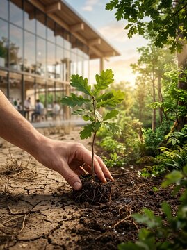 Human hand planting small seedling sapling into cracked dry earth soil near modern building with blurred building background planting green sustainability conservation environment with cultivation