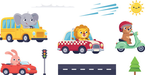 Fototapeta premium Cute Animal Drivers Vector Character Set with Elephant Bus, Lion Car, Bear Scooter, and Rabbit Convertible for Kids Education and Nursery Designs