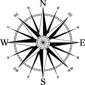 Vintage nautical compass rose vector icon featuring detailed wind rose star with cardinal directions isolated on white background for marine navigation map design