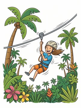 Fun Adventure on a Zip Line in Tropical Landscape