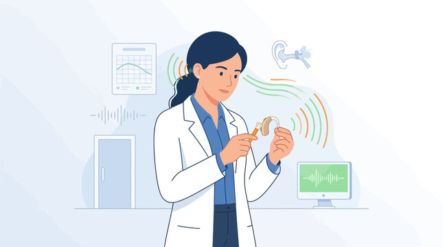 Audiologist Examines Hearing Aid with Sound Waves, Medical Equipment, Medical Chart