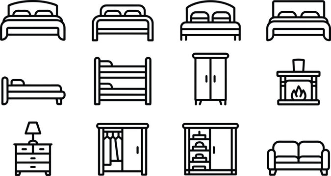 Bedroom interior furniture line icon set featuring minimalist outline vector symbols of double beds bunk bed wardrobes nightstand fireplace and couch