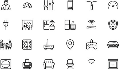Smart home technology lifestyle line icon set featuring minimalist outline vector symbols of kitchen appliances connectivity electronics furniture and food elements © mdhusne