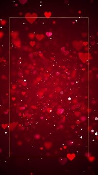 Warm red romantic background filled drifting hearts, soft sparkle, golden border festive emotional design. proposal videos, couple stories, greeting cards, love promos, wedding titles, celebration