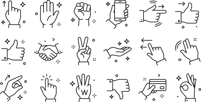 Hand gestures and touchscreen interaction line icons set with pointing finger thumbs up handshake fist and smartphone elements