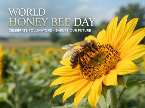 Honey bee on a bright yellow sunflower for world honey bee day celebration poster