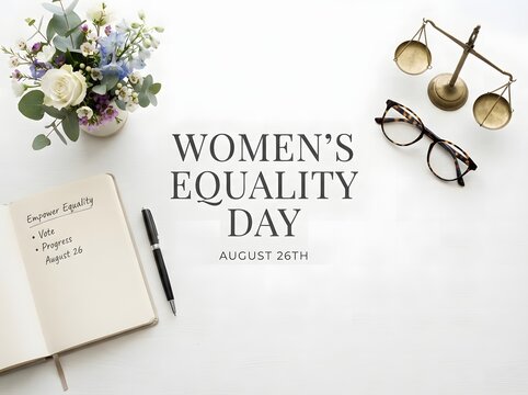 Women's equality day text on desk with notebook pen glasses and scales of justice