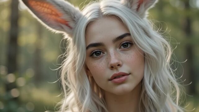 Fantasy Girl with Animal Ears in a Sunlit Forest