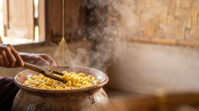 Traditional Thai process of extracting raw silk threads from boiling cocoons in clay pot with steam