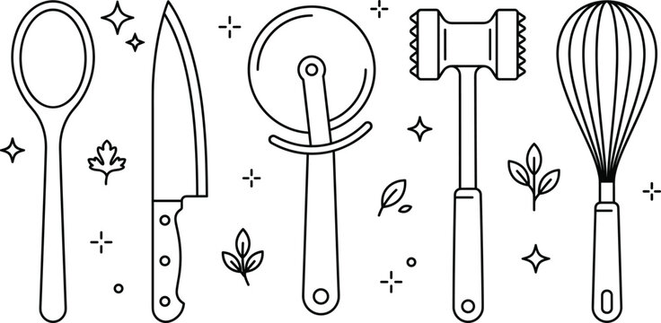 Kitchen utensils vector icon set with spoon chef knife pizza cutter meat tenderizer mallet and whisk outline elements