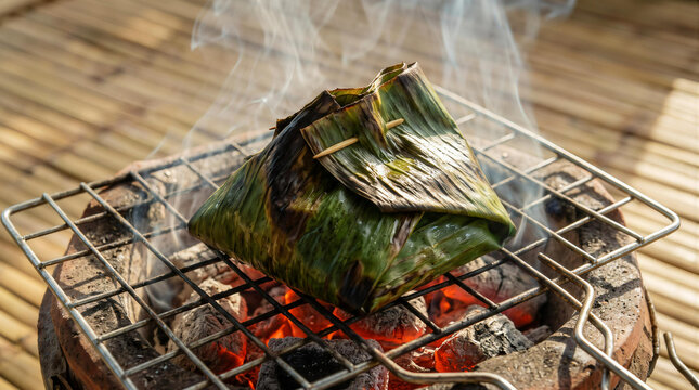 Traditional Asian food wrapped in banana leaf grilling on charcoal clay stove with rising smoke