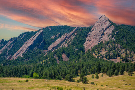 Boulder Flatirons Mountains in Colorado on Sunny Day