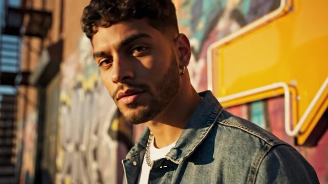 A stylish young man poses against a vibrant urban wall