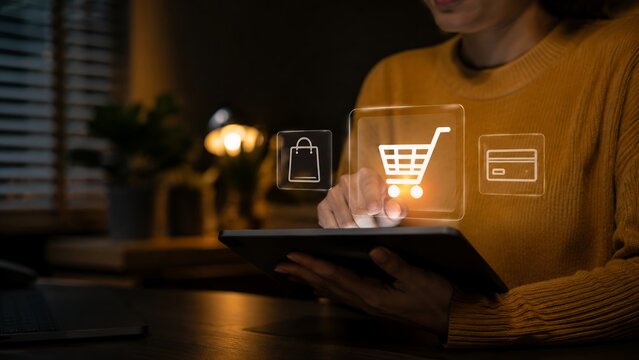 Online Shopping and E Commerce Concept with Digital Cart, Secure Payment, Fast Delivery and Mobile Retail Technology