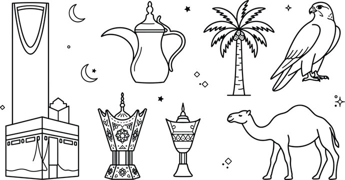 Saudi Arabia culture and landmarks icon set with Kaaba Kingdom Centre falcon camel palm dallah vector linear illustration