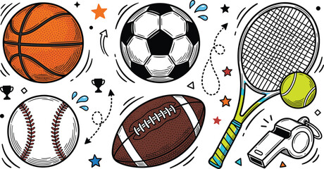 Sports equipment doodle set with basketball soccer football baseball ball tennis racket whistle icon collection vector engraving illustration © S O H A G