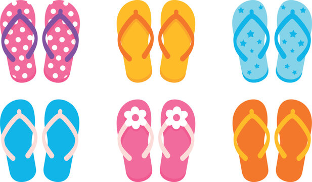 Set of colorful vector flip flops icons with different patterns and styles for summer beach footwear isolated on white background