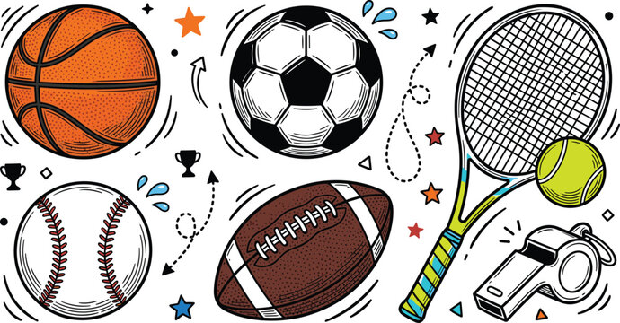 Sports equipment doodle set with basketball soccer football baseball ball tennis racket whistle icon collection vector engraving illustration