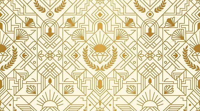 Golden art deco geometric pattern with laurel and diamond motifs