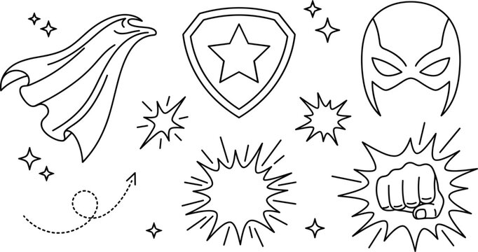 Superhero costume and comic elements set with mask cape shield fist explosion bubble linear outline vector illustration