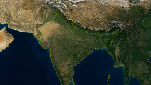 Daytime satellite-style view of India and surrounding South Asia, showing the Himalayas, Indian Ocean, Arabian Sea, Bay of Bengal and neighboring countries