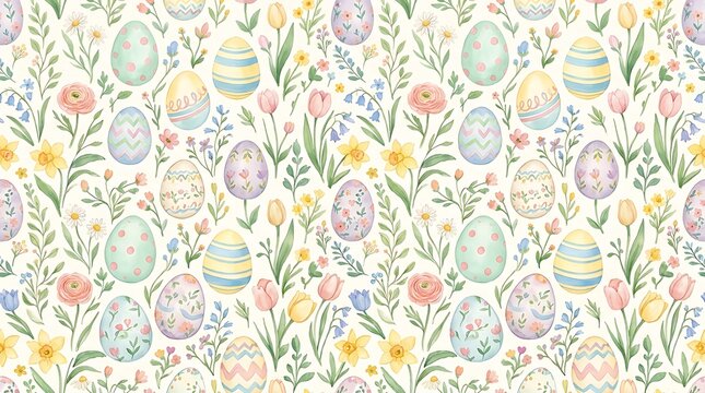 Seamless watercolor easter egg and spring floral pattern