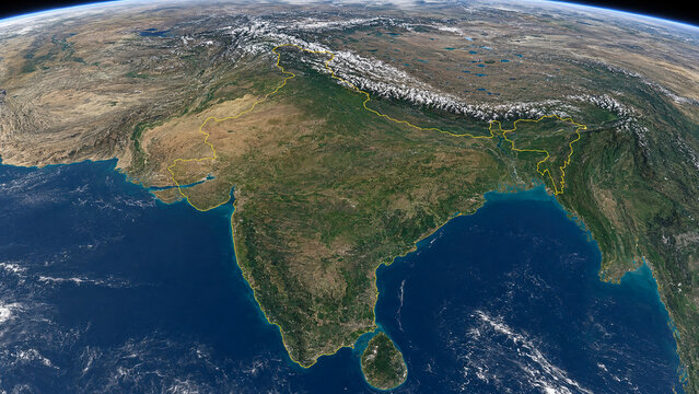 Daytime satellite-style view of India and surrounding South Asia, showing the Himalayas, Indian Ocean, Arabian Sea, Bay of Bengal and neighboring countries