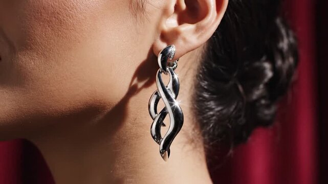 Elegant silver drop earring worn by a woman in profile