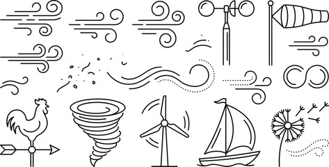 Wind weather icons set with blowing gust tornado turbine sailboat vane windsock anemometer dandelion linear vector outline illustration © S O H A G