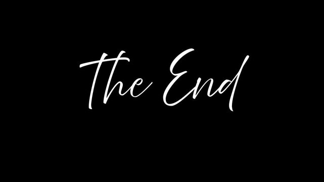 Elegant white handwritten script text saying The End on a solid black background.