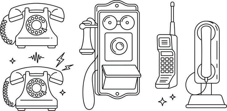 Vintage and retro telephone icon set with rotary dial wall phone brick mobile candlestick linear vector outline illustration
