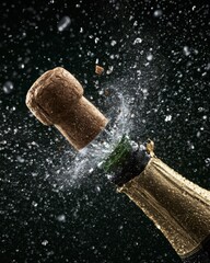 Obraz premium Cork from champagne bottle pops with mist and particles flying in a dark setting captured in studio. Dynamic moment of celebration is shown.