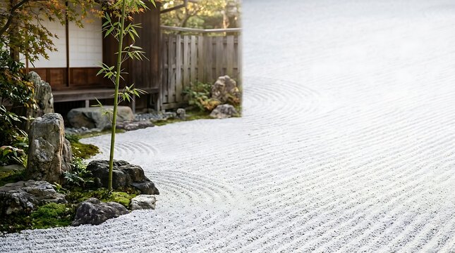 Peaceful japanese zen garden with raked white sand and rocks