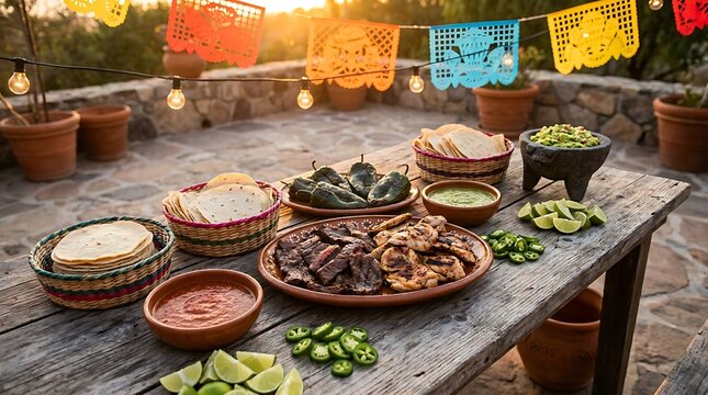 Mexican dinner table with tacos and fresh ingredients outside at sunset with festive decorations. mexican food statio