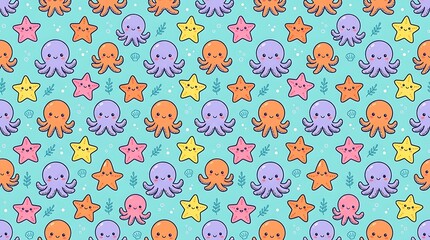 Playful octopus and starfish seamless pattern on turquoise background